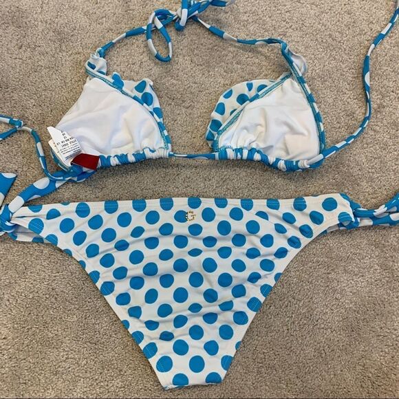 GUESS blue white polka dot ruffle frill bikini Sz L - Picture 2 of 9